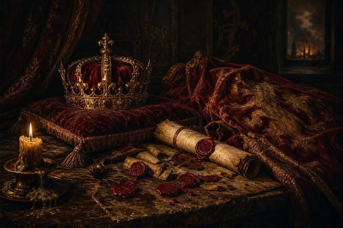 A royal letter with a broken wax seal, jeweled dagger, and crown on dark velvet