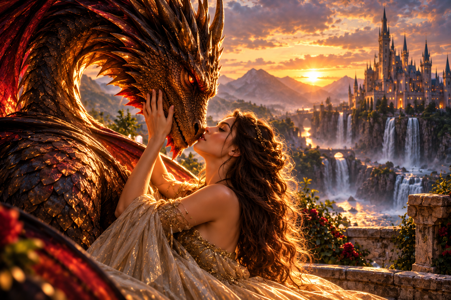 Woman sharing a tender moment with a dragon near a fantasy castle at sunset