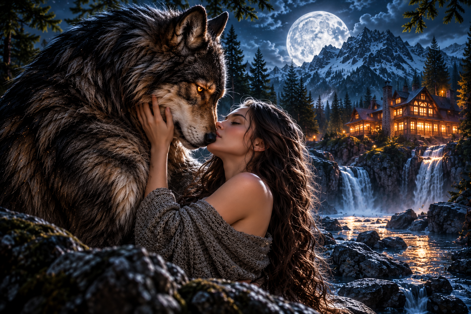 Woman embracing a large wolf beside a moonlit mountain lake and forest lodge